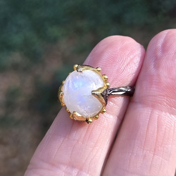 Moonstone 8k Sterling Gold & Rhodium Ring Sz8 - Picture 12 of 16